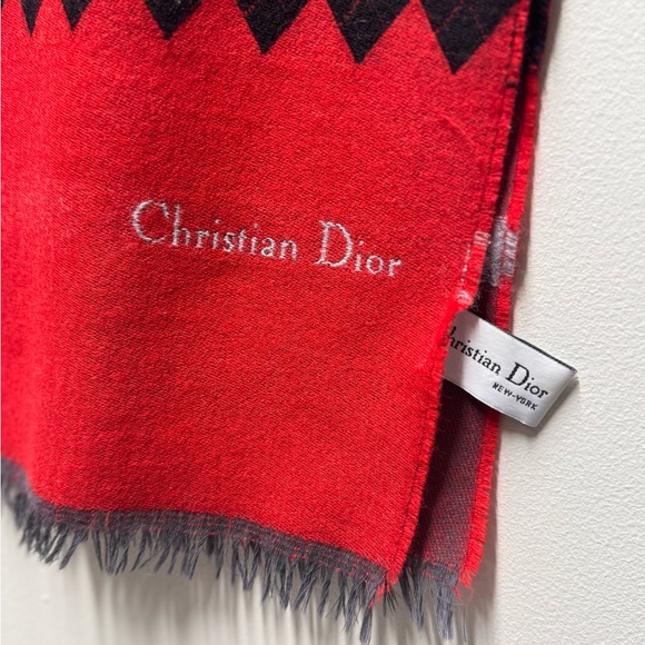 Christian Dior Wool Red Checkered Scarf with “Christian Dior” Script - Picture 4 of 7